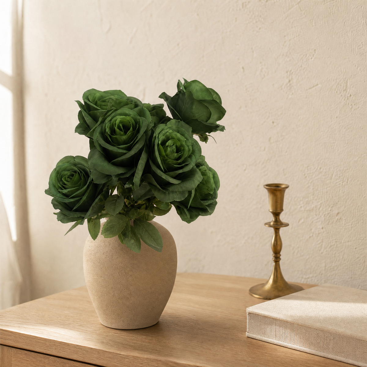 Dark Green Silk Rose Bouquet – 9 Heads Faux Roses for Wedding and Home Decor