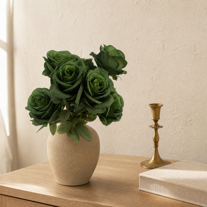 Dark Green Silk Rose Bouquet – 9 Heads Faux Roses for Wedding and Home Decor