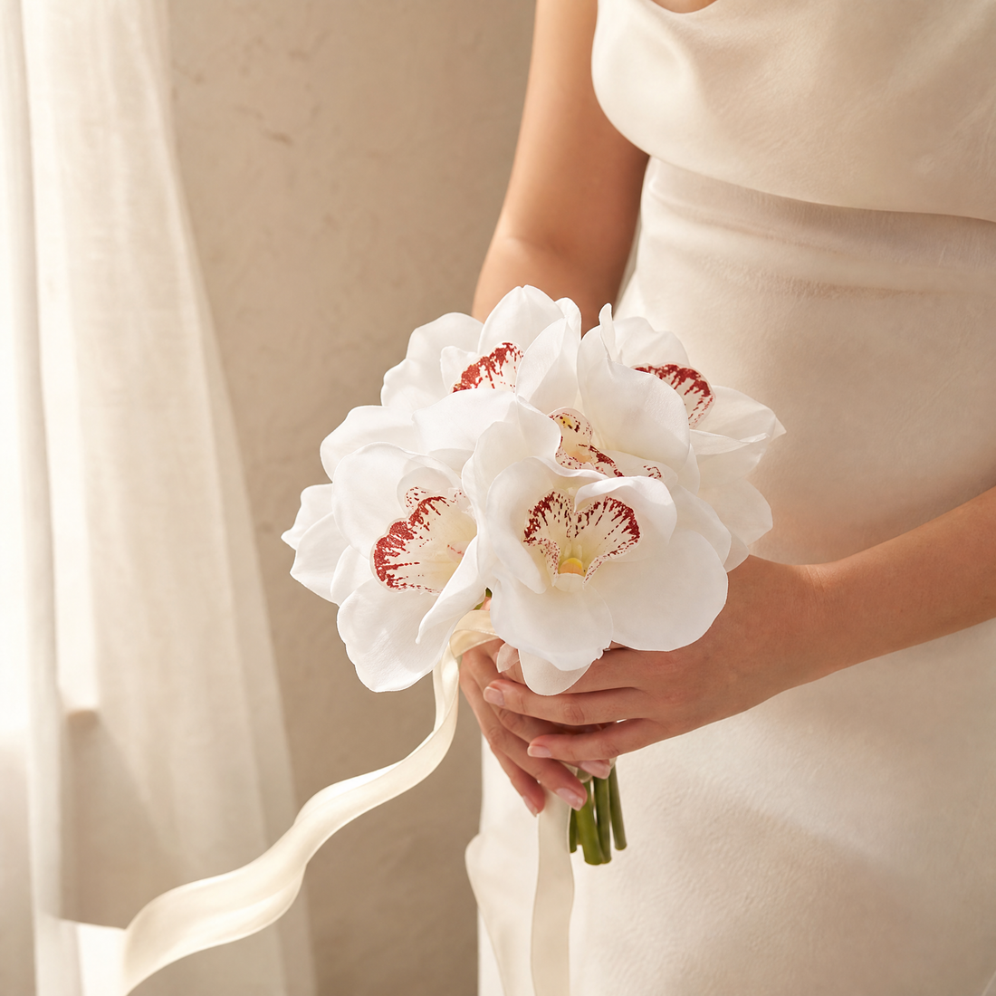 Faux Cymbidium Orchid Bouquet – 6 Head Real Touch Latex Wedding Bridal Flowers