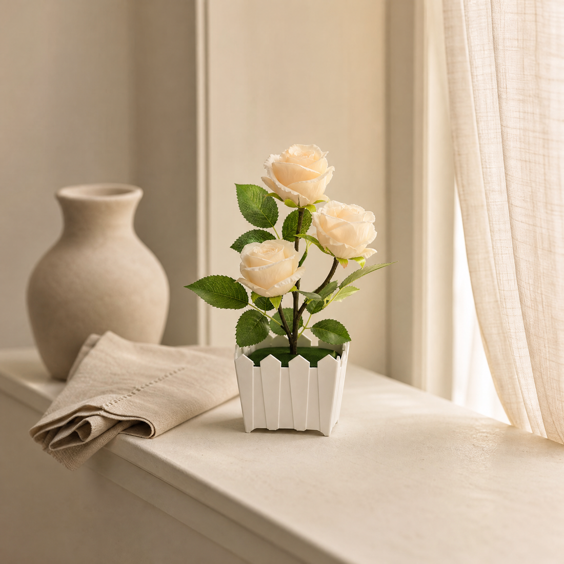 Faux Rose Bonsai in White Pot – Silk Flower Arrangement for Home and Desk Decor