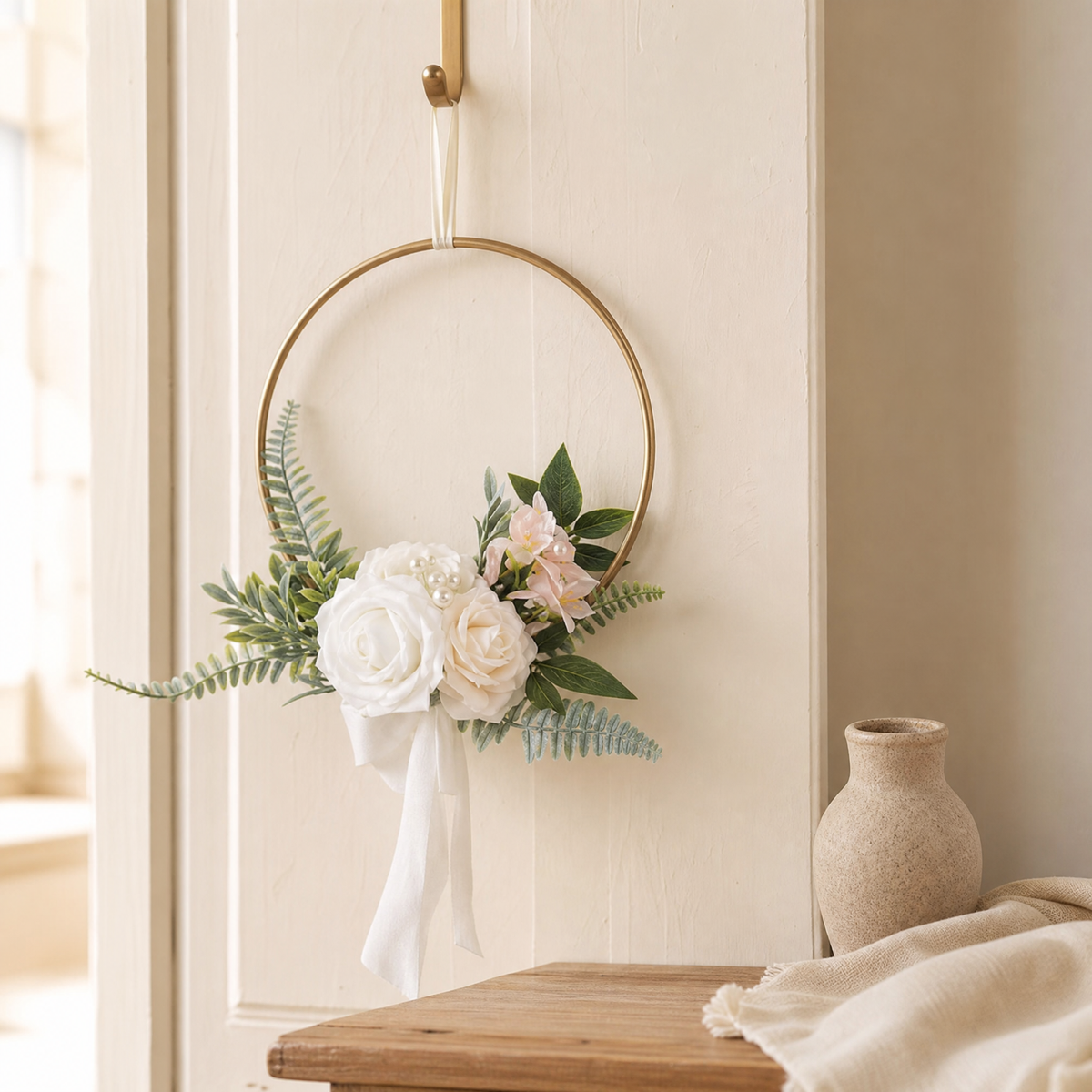 Gold Hoop Bouquet – Faux Rose Bridesmaid Floral Ring Wedding Ceremony Decor