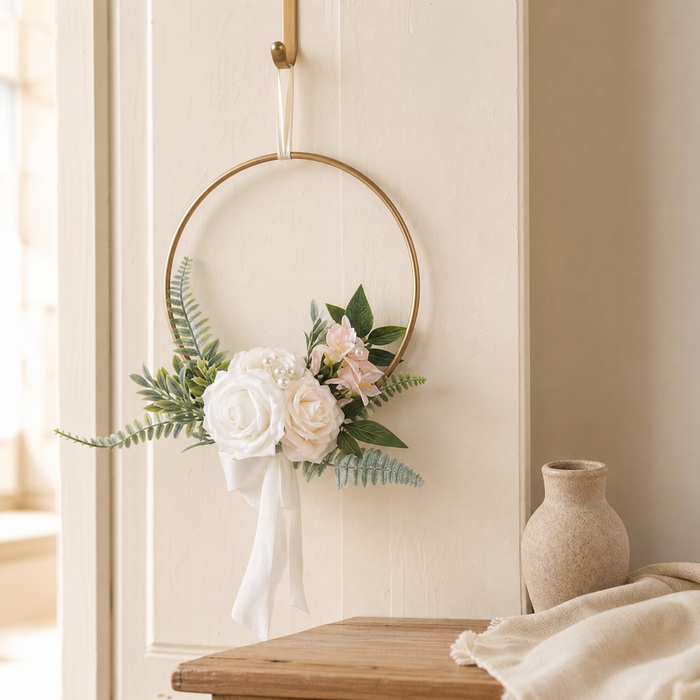 Gold Hoop Bouquet – Faux Rose Bridesmaid Floral Ring Wedding Ceremony Decor