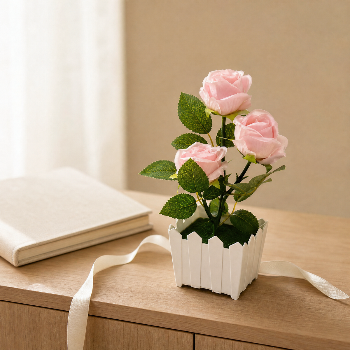 Faux Rose Bonsai in White Pot – Silk Flower Arrangement for Home and Desk Decor