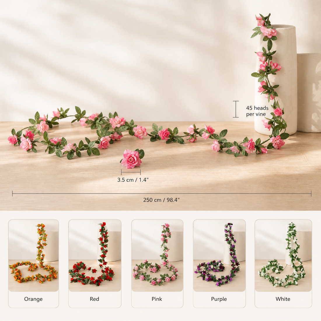 Artificial Rose Vine Garland – 250cm Faux Floral Arch Wedding Home Decor 45 Heads