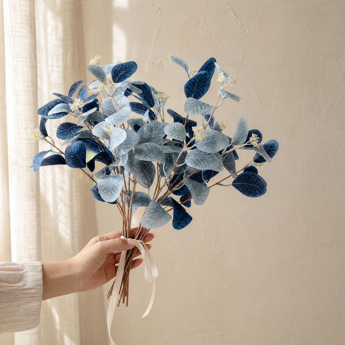 Faux Eucalyptus Stems – Blue Artificial Greenery Spray for Vase and Home Decor