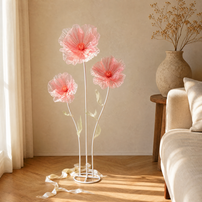 Giant Faux Poppy Floor Arrangement – Mesh Silk Flower Wedding Event Display Decor