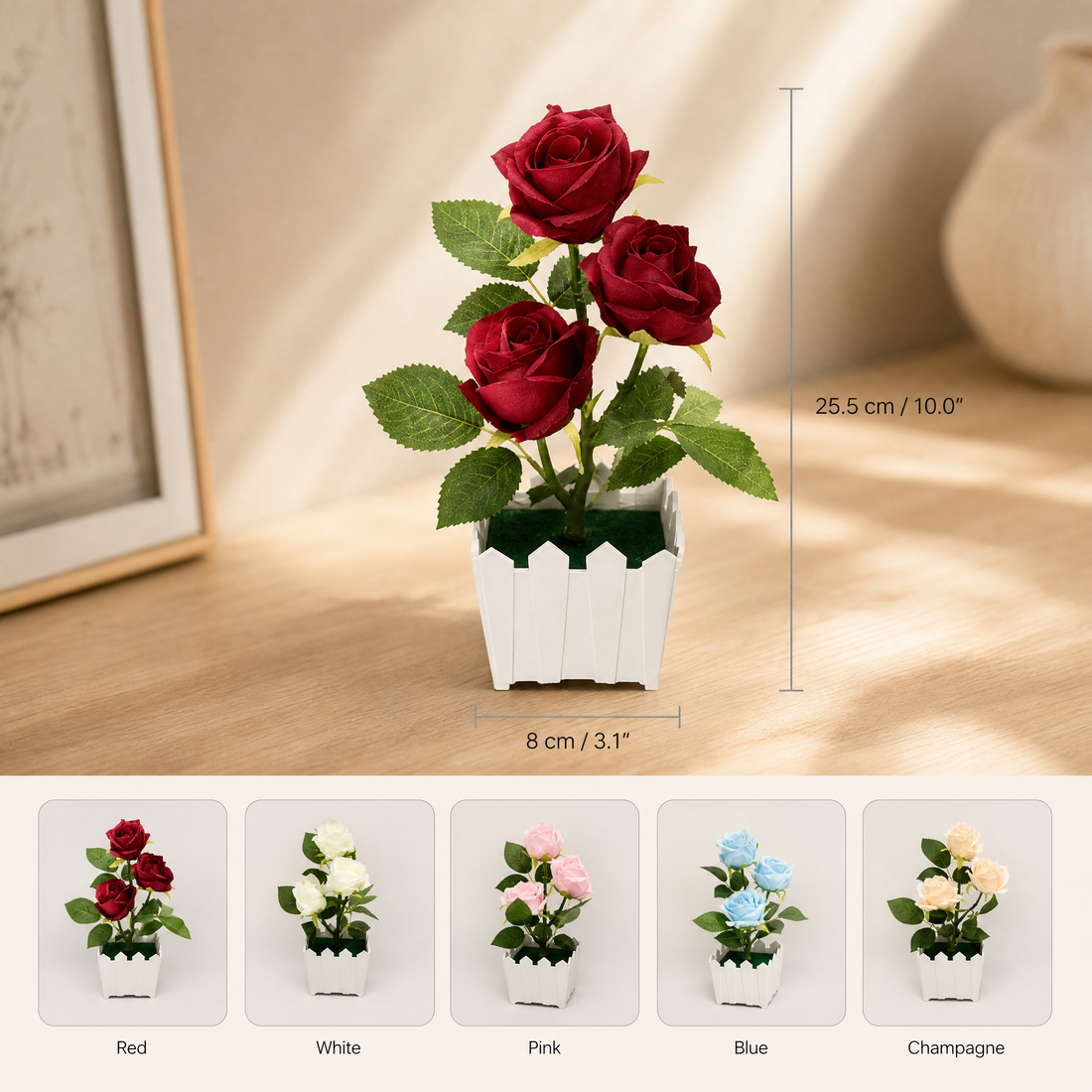 Faux Rose Bonsai in White Pot – Silk Flower Arrangement for Home and Desk Decor