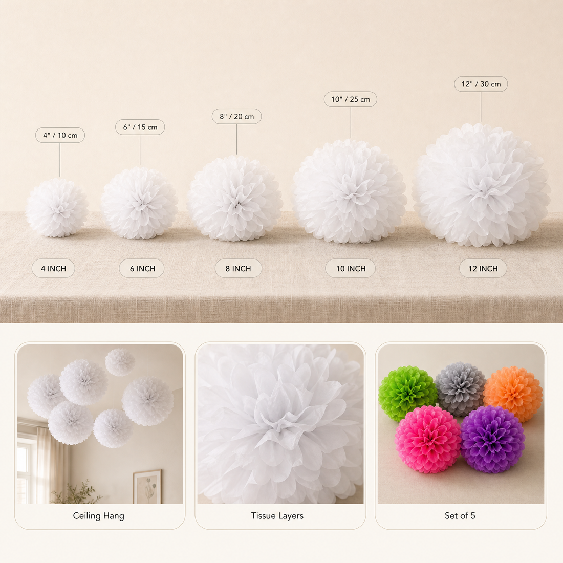 Paper Pom Poms 5 Pack – 4 to 12 Inch Wedding Birthday Party Hanging Decor