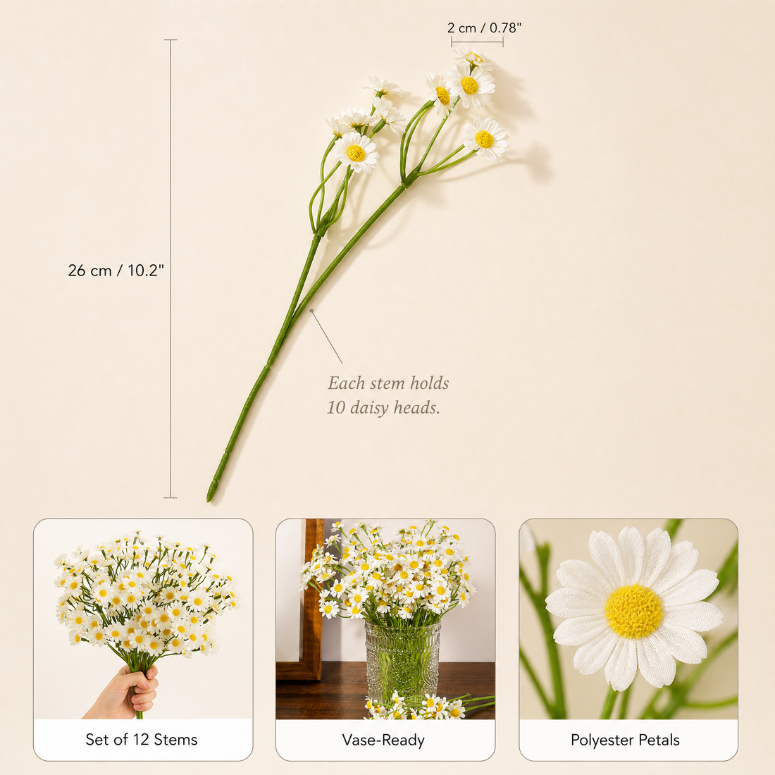 Faux Daisy Stems Set of 12 – 120 Heads Artificial Wildflower Bunch Home Decor