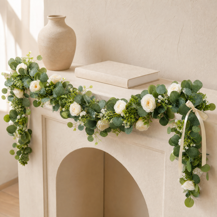 Artificial Eucalyptus Rose Garland – 180cm Faux Greenery Wedding Table Home Decor