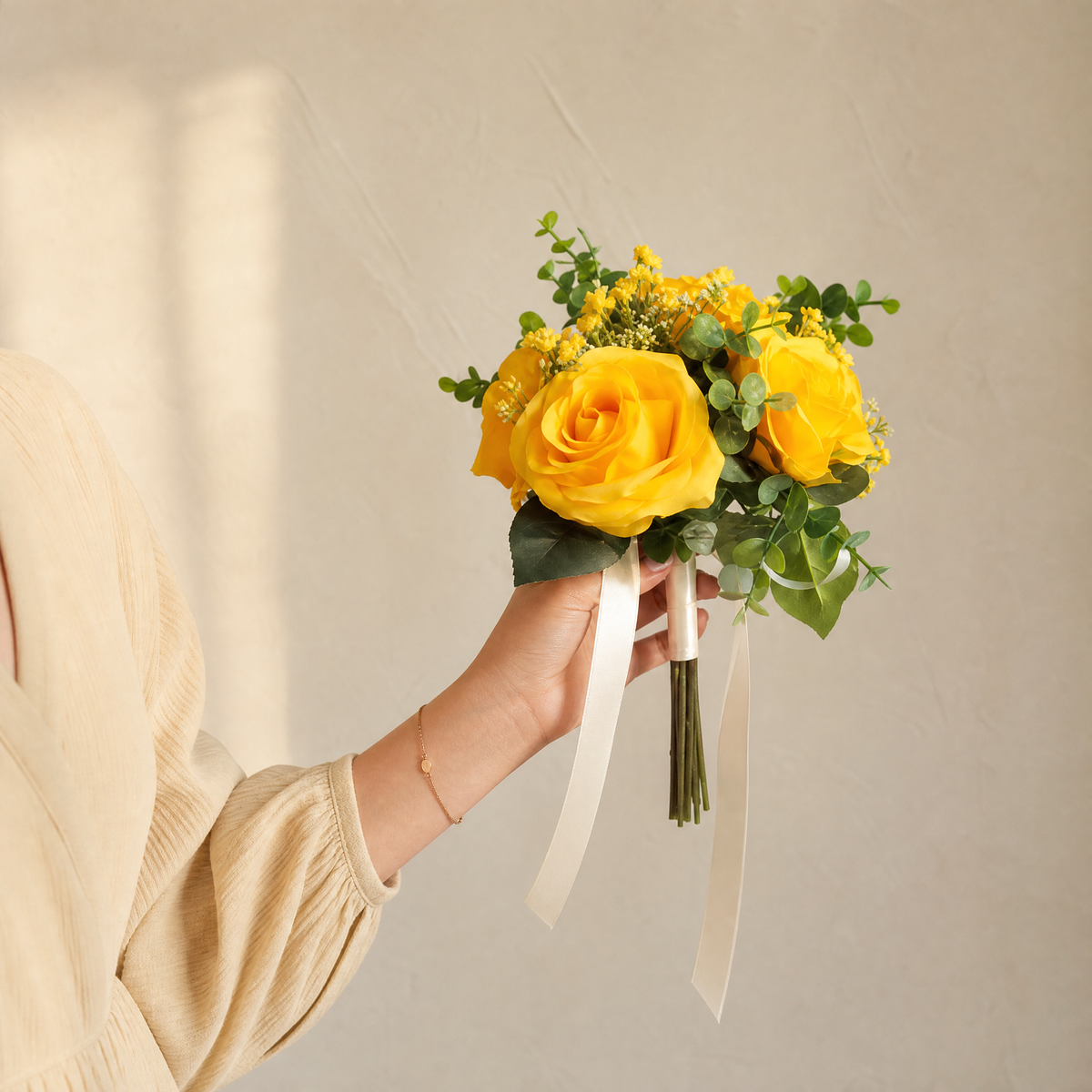 Faux Rose Bouquet with Gypsophila – Silk Wedding Flowers Home Table Decor