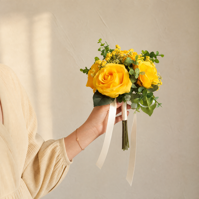 Faux Rose Bouquet with Gypsophila – Silk Wedding Flowers Home Table Decor