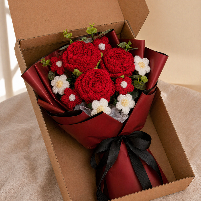 Red Crochet Flower Bouquet – Handmade Knit Roses, Lasting Gift for Valentine's Day