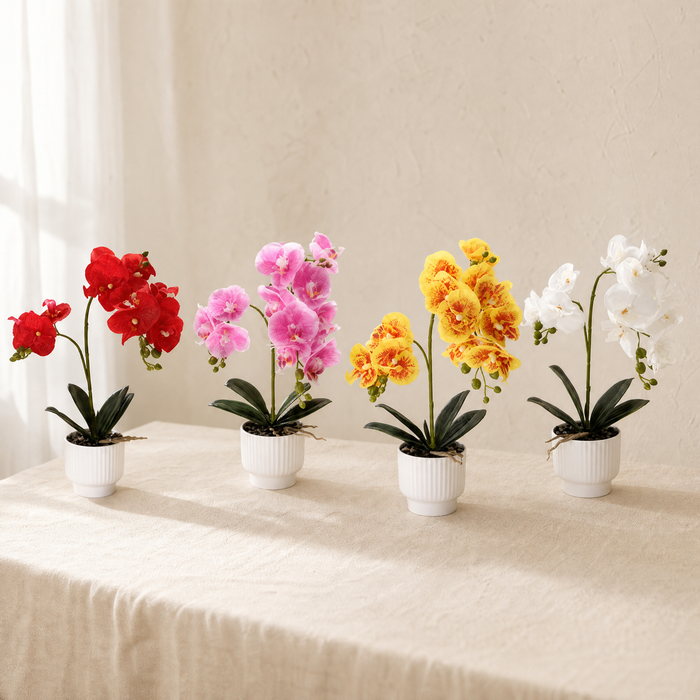 Faux Orchid Arrangement in Pot – Silk Phalaenopsis Bonsai Home Office Desk Decor