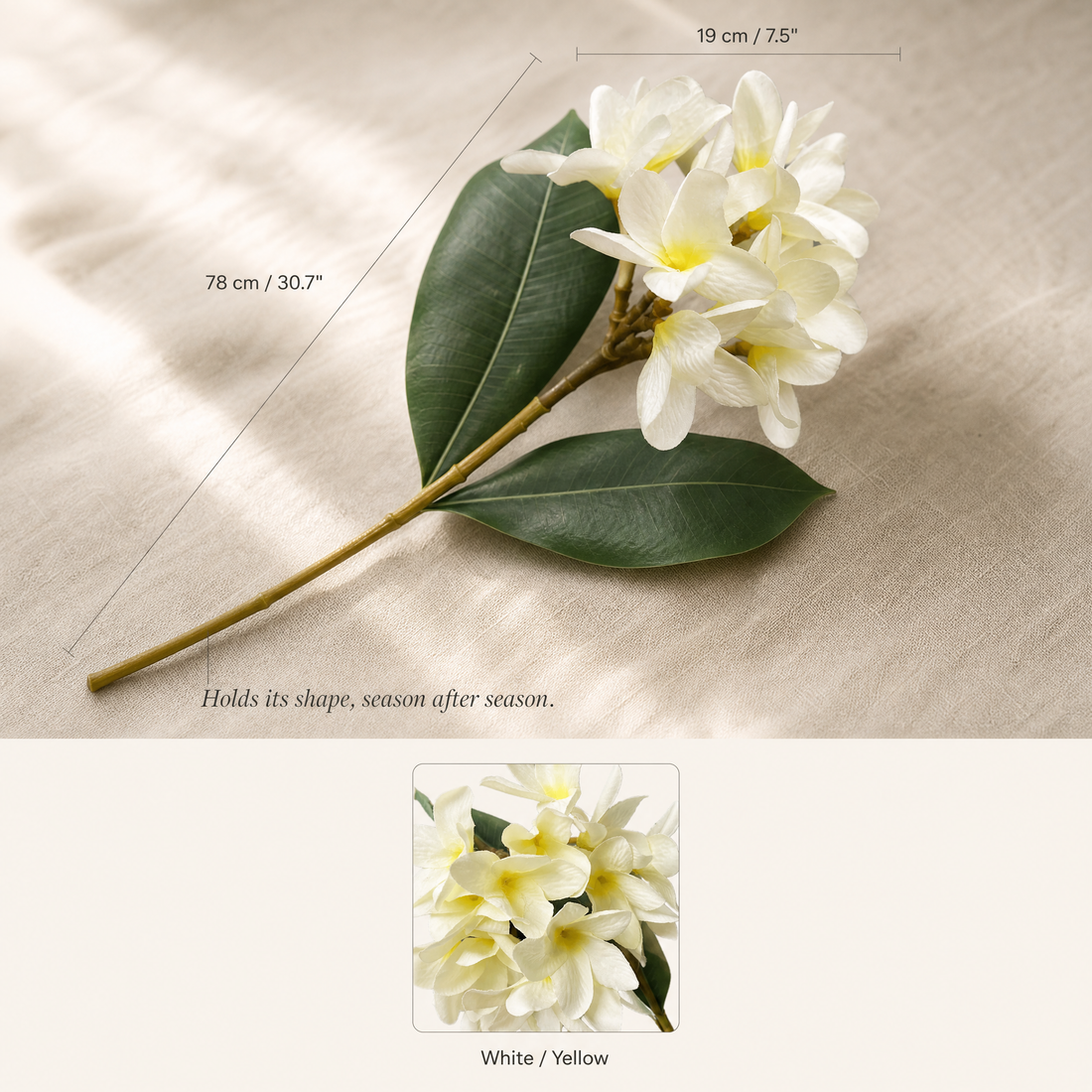 Artificial Plumeria Branch – Silk Frangipani White Flower Stem Faux Floral Decor