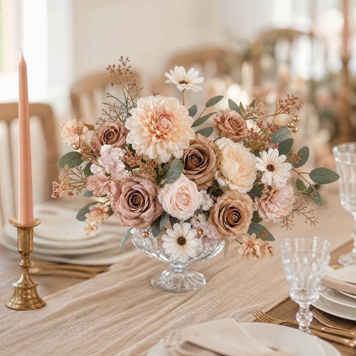 Silk Flower Box Set – Dusty Rose Blush Dahlia Roses for Bridal Bouquet and Home Decor