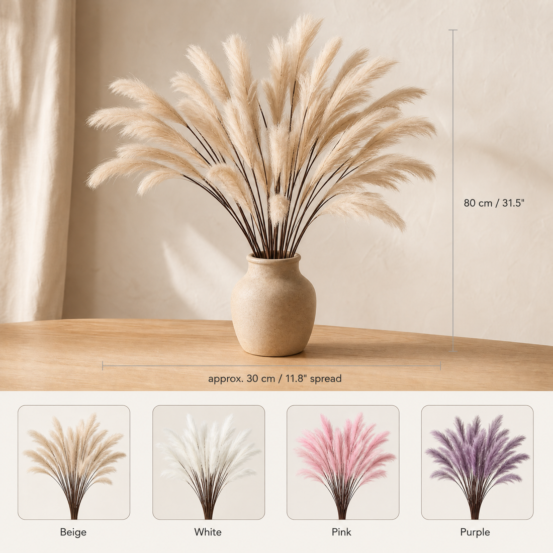 Silk Reed Stems Faux Pampas Bunch – Home Decor Wedding Vase Arrangement 80cm