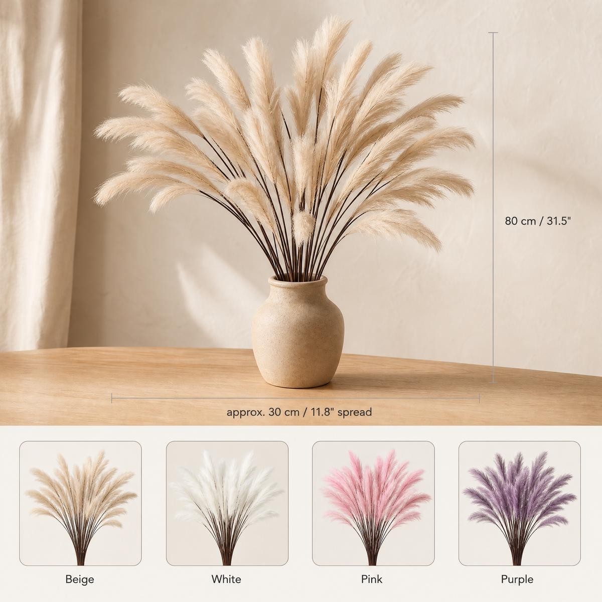 Silk Reed Stems Faux Pampas Bunch – Home Decor Wedding Vase Arrangement 80cm