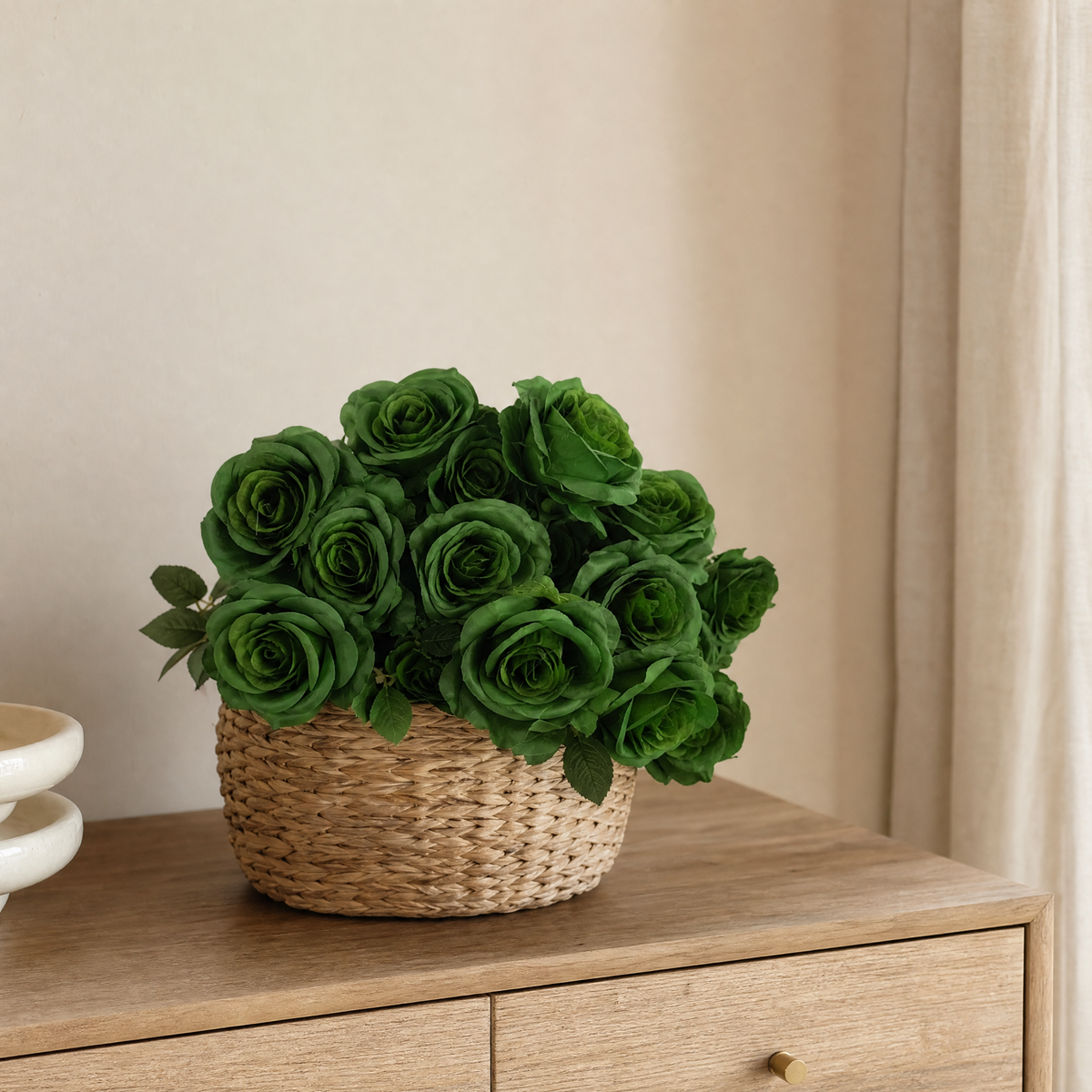 Dark Green Silk Rose Bouquet – 9 Heads Faux Roses for Wedding and Home Decor