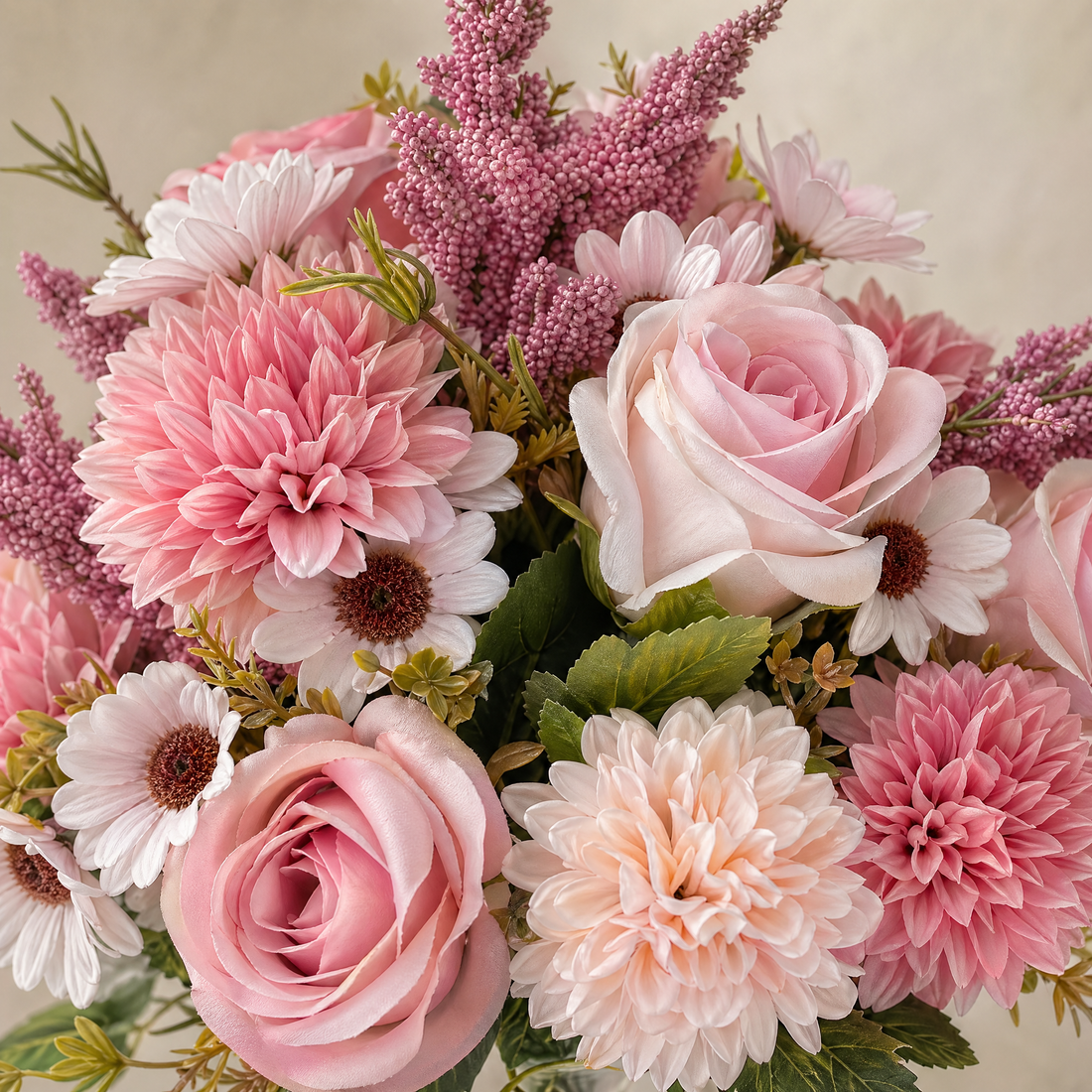 Faux Pink Rose Dahlia Daisy Bouquet – Artificial Flowers for Wedding and Home Decor