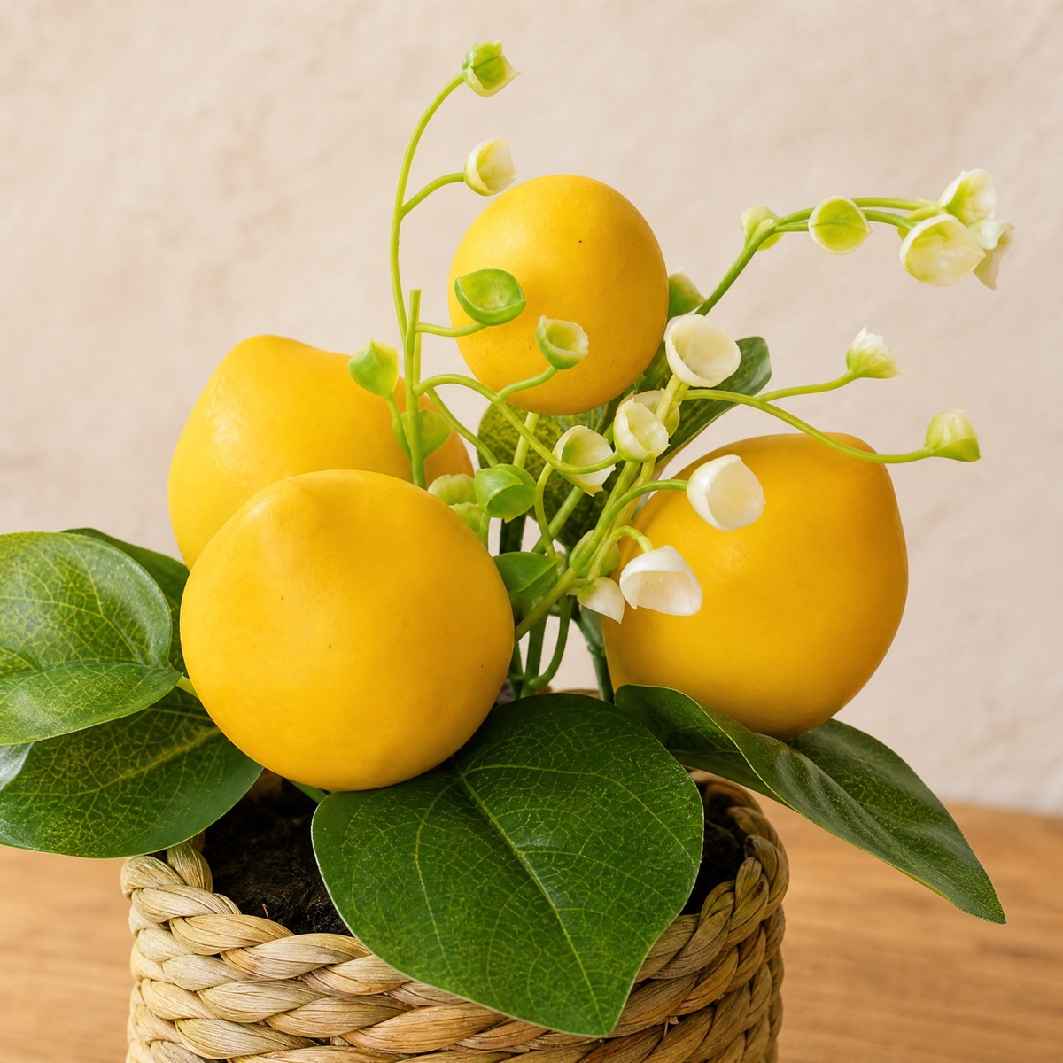 Faux Lemon Potted Plant – Woven Basket Pot, Artificial Fruit Decor, Kitchen Table Accent