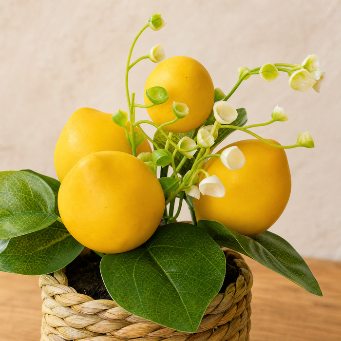 Faux Lemon Potted Plant – Woven Basket Pot, Artificial Fruit Decor, Kitchen Table Accent