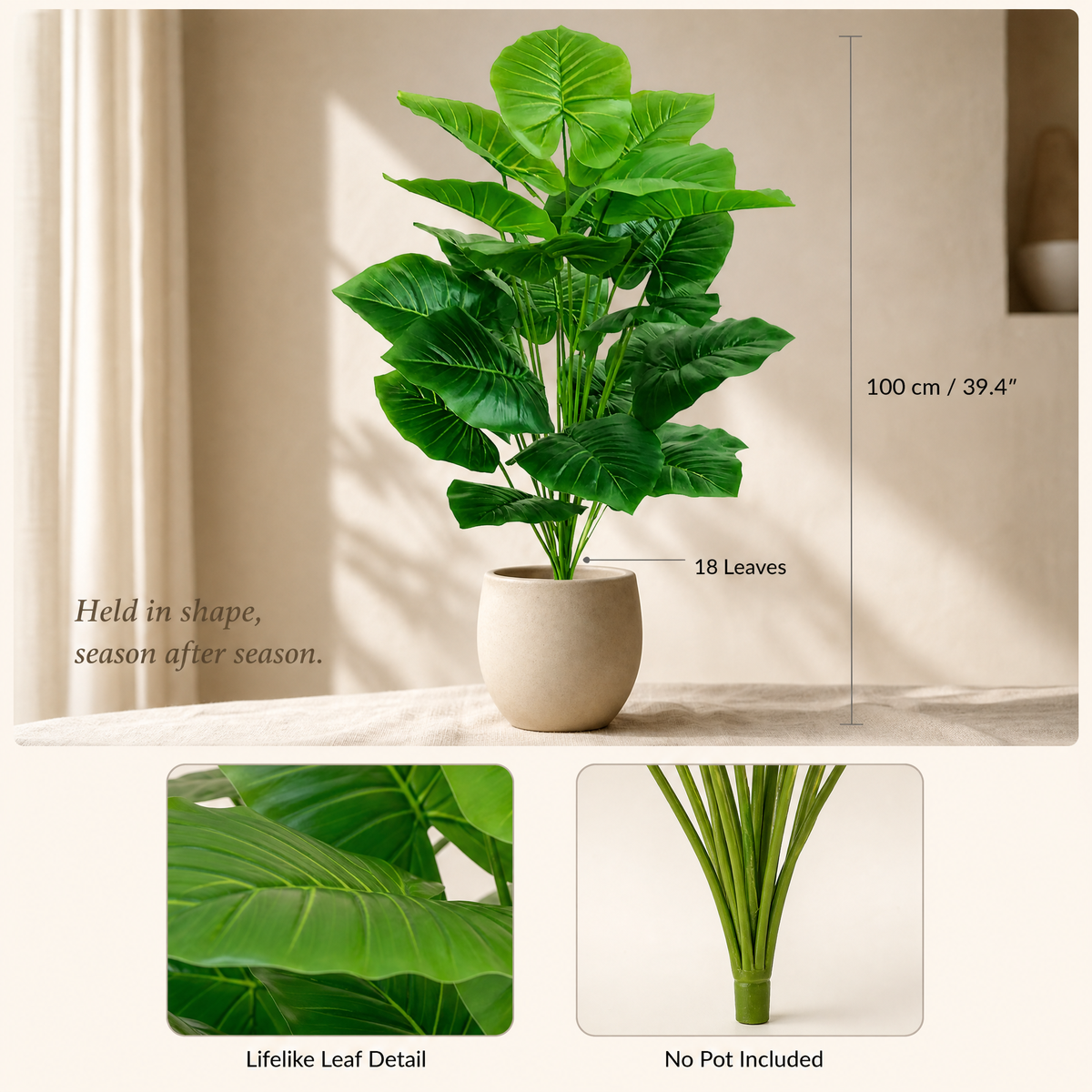 Artificial Tropical Plant Stem 100cm – 18 Leaf Faux Taro for Indoor Living Room Decor