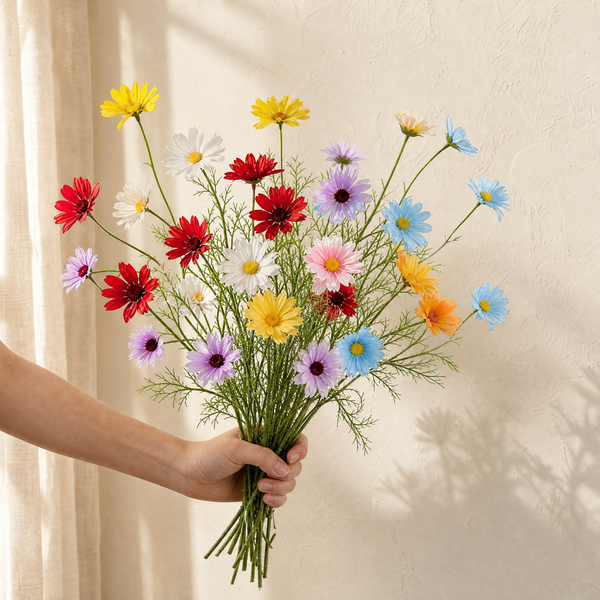 Silk Daisy Stem Faux Flower – 5 Head Cosmos Branch for Home Decor and Bouquets