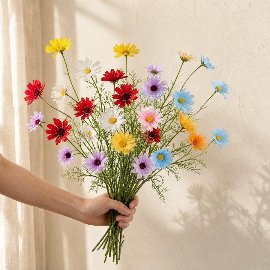 Silk Daisy Stem Faux Flower – 5 Head Cosmos Branch for Home Decor and Bouquets
