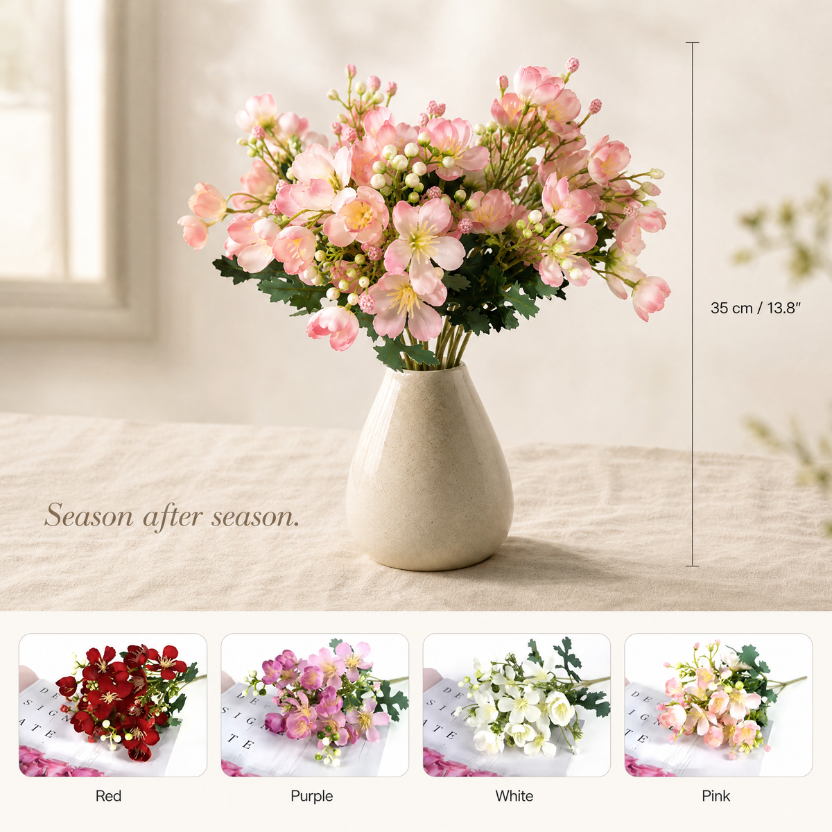 Faux Cherry Blossom Stem – 5-Branch Silk Flower for Wedding Bouquet and Home Decor