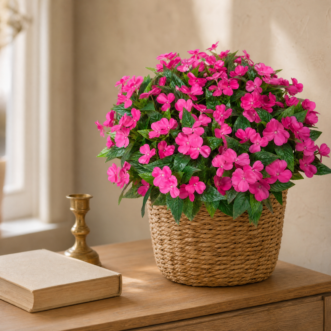 Artificial Impatiens Bouquet – Silk Flower Bush for Wedding Table Home Decor