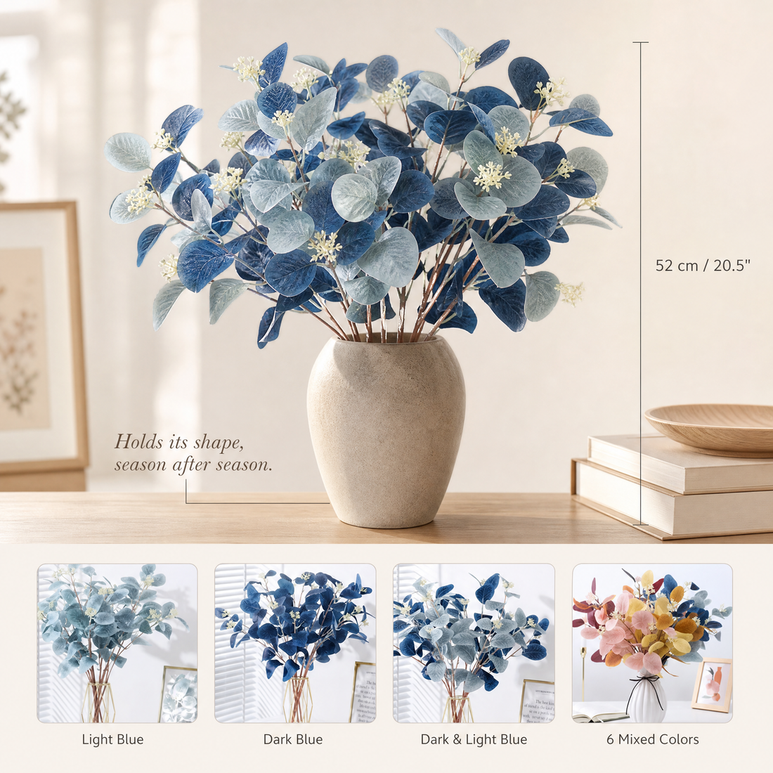 Faux Eucalyptus Stems – Blue Artificial Greenery Spray for Vase and Home Decor