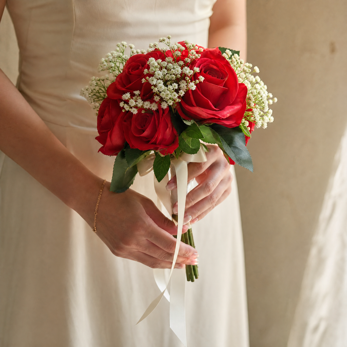 Faux Rose Bouquet with Gypsophila – Silk Wedding Flowers Home Table Decor