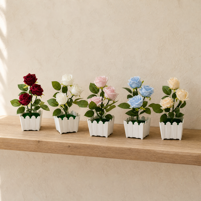 Faux Rose Bonsai in White Pot – Silk Flower Arrangement for Home and Desk Decor