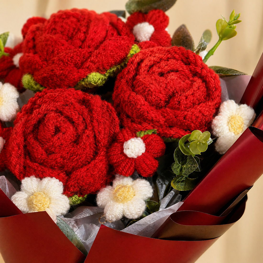 Red Crochet Flower Bouquet – Handmade Knit Roses, Lasting Gift for Valentine's Day