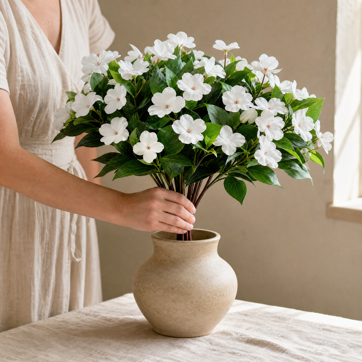 Artificial Impatiens Bouquet – Silk Flower Bush for Wedding Table Home Decor