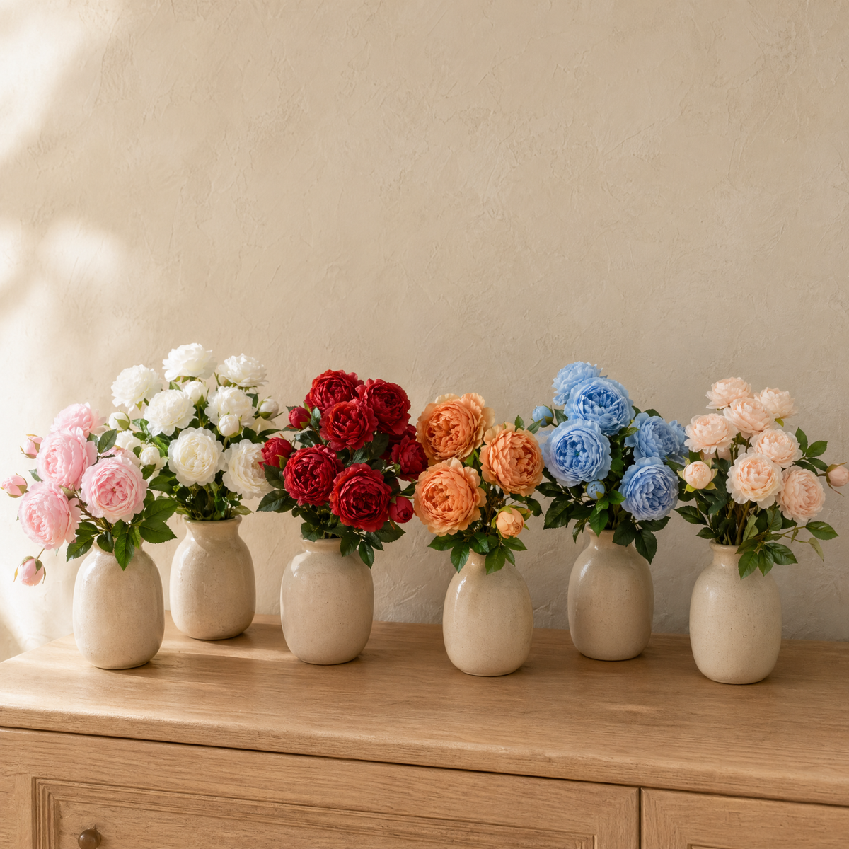 Artificial Peony Bouquet Branch – 3 Bloom Faux Flowers for Wedding Home Garden Decor