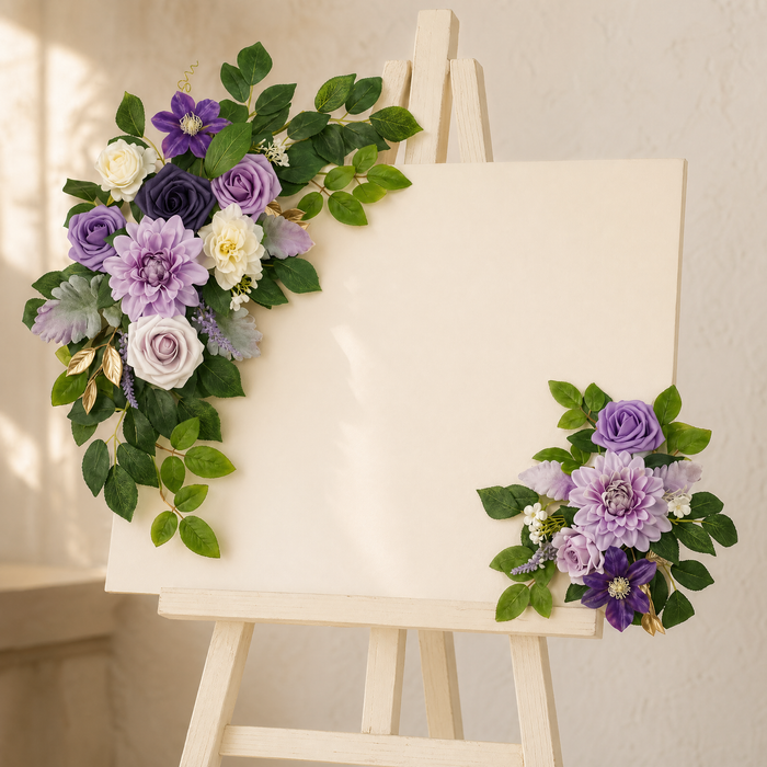 Faux Floral Wedding Sign Swag Set – Purple Rose Arch Flowers, Silk Welcome Decor